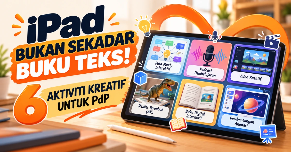 Ilustrasi iPad dengan enam aktiviti kreatif PdP menggunakan Freeform, GarageBand, iMovie, Reality Composer, Pages dan Keynote untuk pembelajaran interaktif.