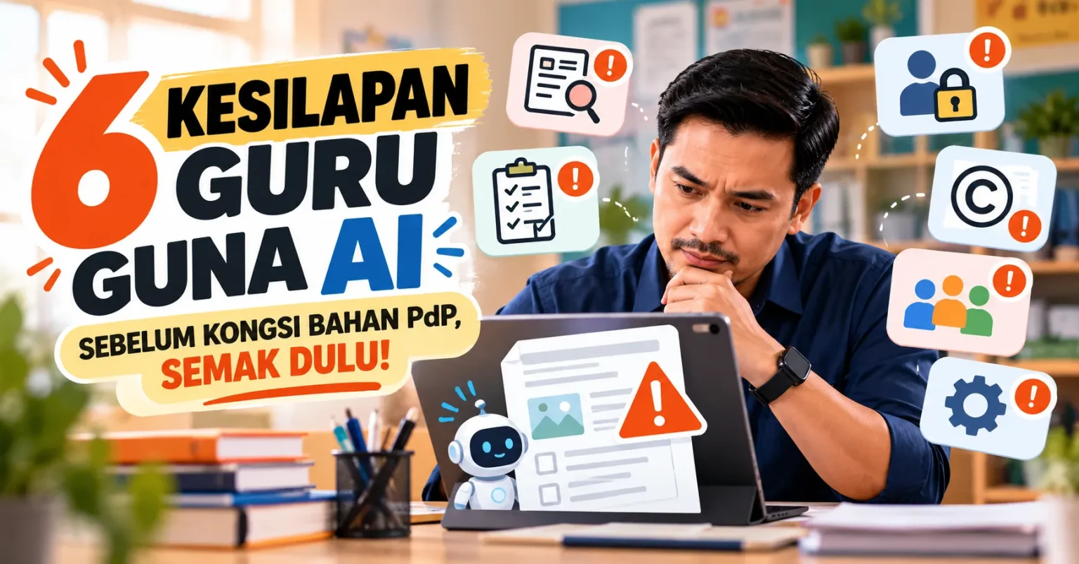 Enam kesilapan guru menggunakan AI untuk menghasilkan bahan PdP, termasuk kesalahan fakta, DSKP, privasi murid, hak cipta dan semakan bahan.