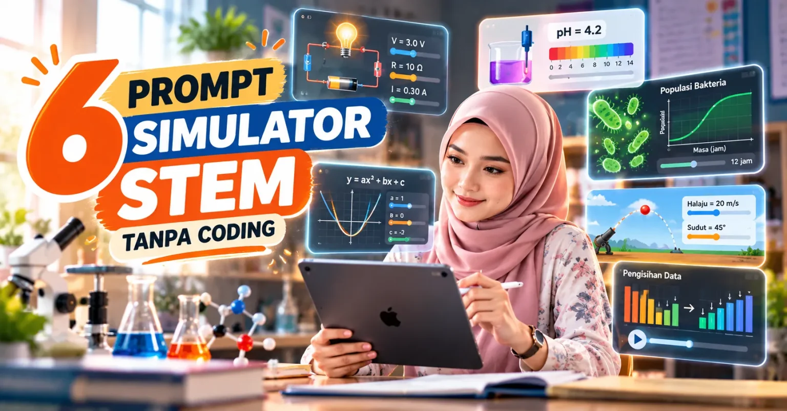 Guru wanita Malaysia meneroka enam simulator STEM tanpa coding menggunakan AI, meliputi Fizik, Kimia, Biologi, Matematik, gerakan projektil dan algoritma Bubble Sort.